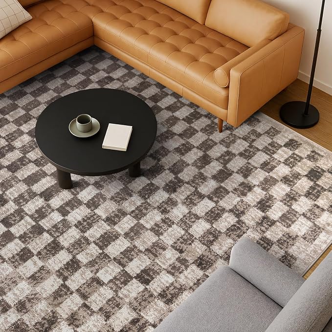 Rugshop Contemporary Checkered Grid Textured Area Rug Soft Beige 5' x 7' | Rectangular, Size 5' x 7', Living Room, Bedroom, Dining Room, Home Office, Kitchen, Entryway, Hallway, Nursery, Kids Room