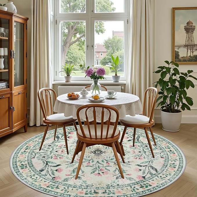 PLHXFR Round Area Rug Living Room: 6 ft Floral Washable Carpet Green Beige | For Bedroom Dining Room Farmhouse Nursery Hallway,Vintage Floral,Machine washable,Non Slip,Stain Resistant,Large Indoor