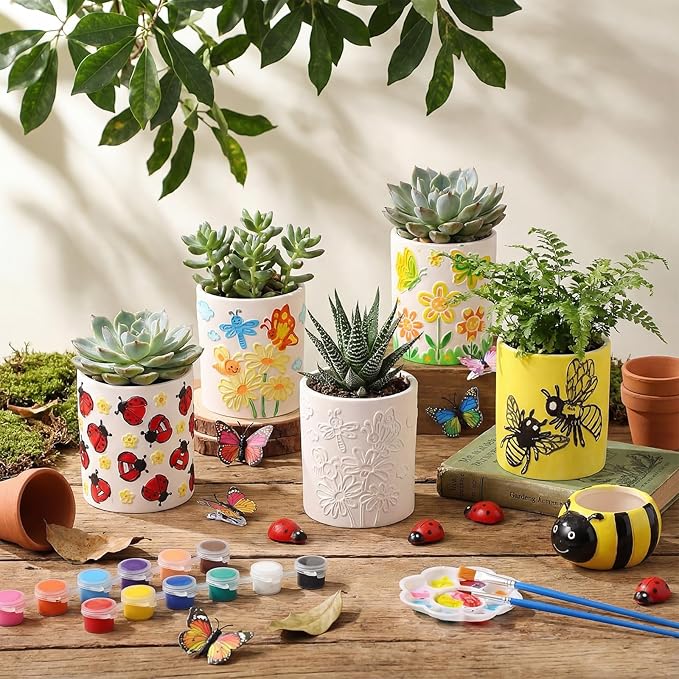 Zubebe 12 Pcs Paint Your Own Ceramic Pots Bulk Unfinished Succulent Pots Craft Kit with Drainage Hole Mini Paintable Plant Vase Ready to Paint Planter for Cactus DIY Craft (Insect)