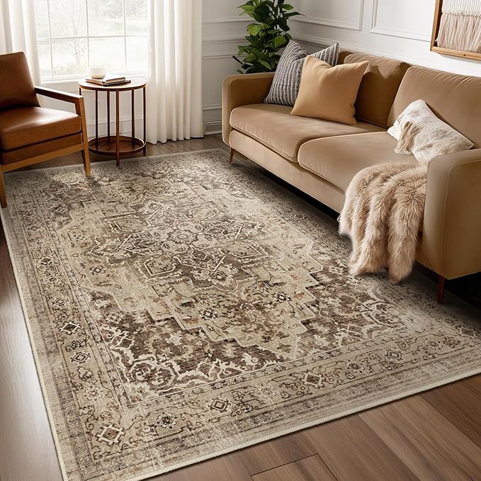 Brown Medallion 5x7 Area Rugs for Living Room, Washable Non Slip Bedroom Rug with Distressed Medallion Pattern, Low Pile Thin Carpet Rugs for Dining Room/Kitchen/Home Office, Taupe Brown Black