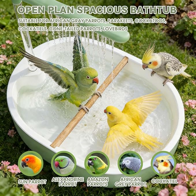 Automatic Bird Bath Circulating Water Large Parakeet Bathtub Bird Shower Fountain for Budgies, Cockatiels, Conures, Lovebirds, African Greys