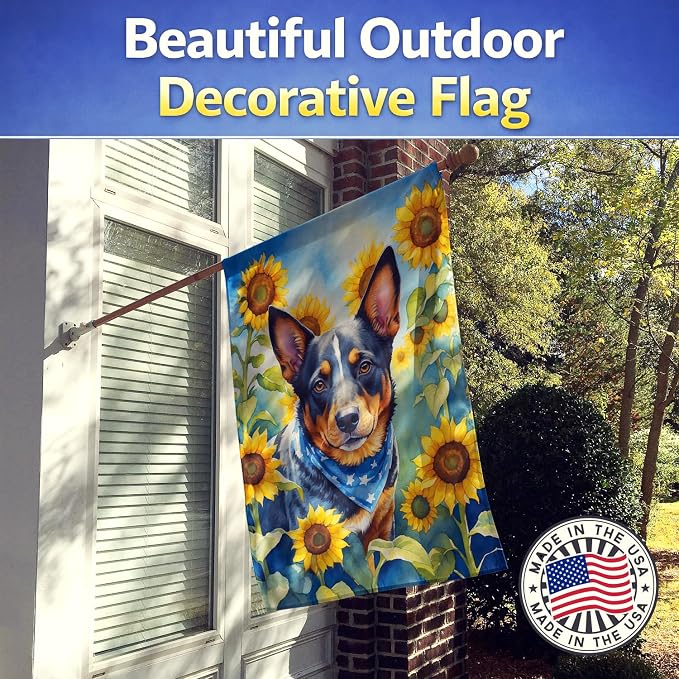 Caroline's Treasures DAC6013CHF Australian Cattle Dog in Sunflowers House Flag Large Porch Sleeve Pole Decorative Outside Yard Banner Artwork Wall Hanging, Polyester, House Size, Multicolor