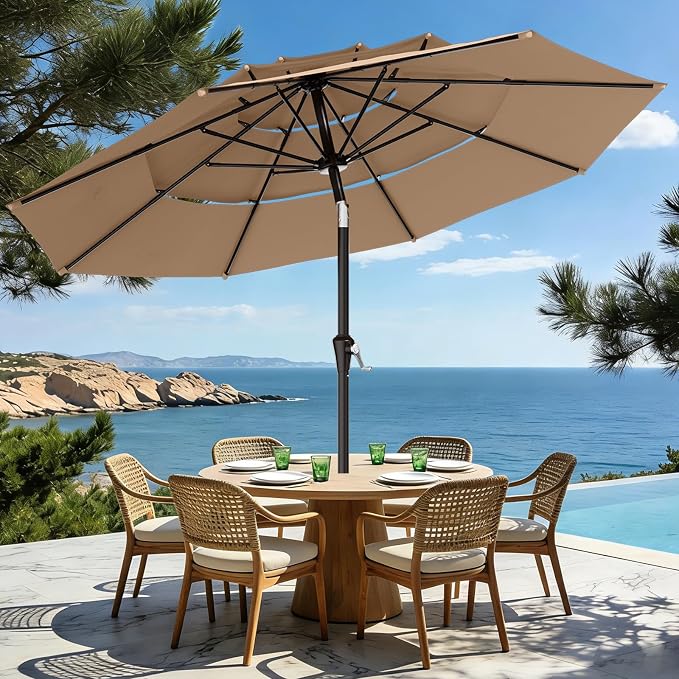 AreShark 9ft 3-Tier Patio Umbrellas, Outdoor Umbrella with 8 Sturdy Ribs UV Protection Windproof, Market Table Umbrella w/Push Button Tilt & Crank for Pool, Porch, Deck, Garden(Beige)