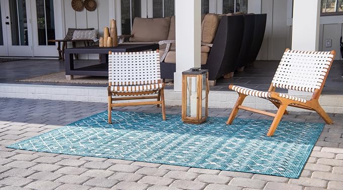 Unique Loom Outdoor Trellis Collection Area Rug - Tribal Trellis (3' 3" x 5' 3" Rectangle, Teal/ Ivory)