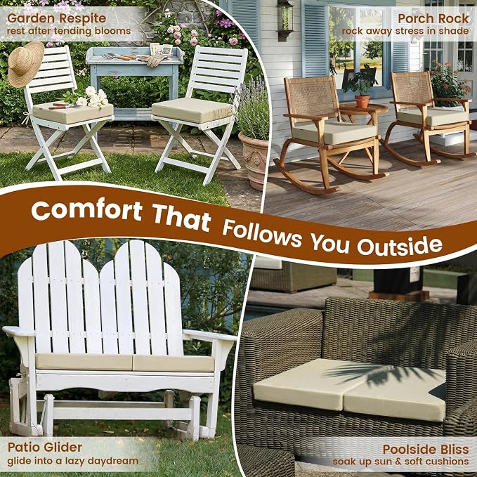 Favoyard Patio Chair Square Cushions Set of 2, Beige, 24 x 24 x 4 inches | 5-Year Fade-resistant & Water-resistant Memory Foam Pad with Removable Cover & Ties for Outdoor Furniture Dining Chairs Seat