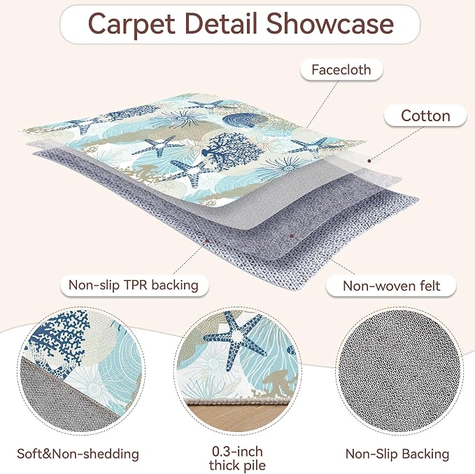 Coastal Starfish Area Rugs for Living Room 5x7,Beach Coral Seashell Bedroom Rug Washable Non-Slip Soft Floor Big Carpets for Dining Room Nursery,Kids Home Decor Aesthetic