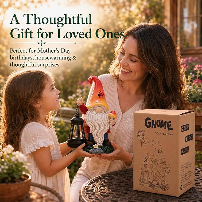 Solar Garden Gnome Statue : Mushroom Outdoor Lantern Decor | Waterproof Resin,Figurine Lights,Yard Lawn Porch Balcony Patio Home Decorations,Gifts for Mom Women Grandma