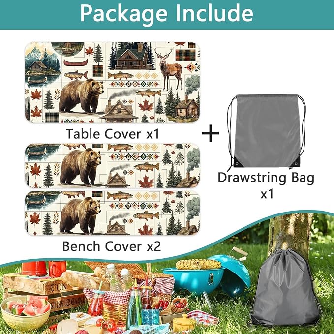 Picnic Table Cover with Bench Covers Camping Elastic Edge Essentials Waterproof Windproof Camping Tablecloth with Drawstring Bag, Fitted Rectangle Tables and Seats, 30X96 Inch, Rustic Cabin Bear Deer