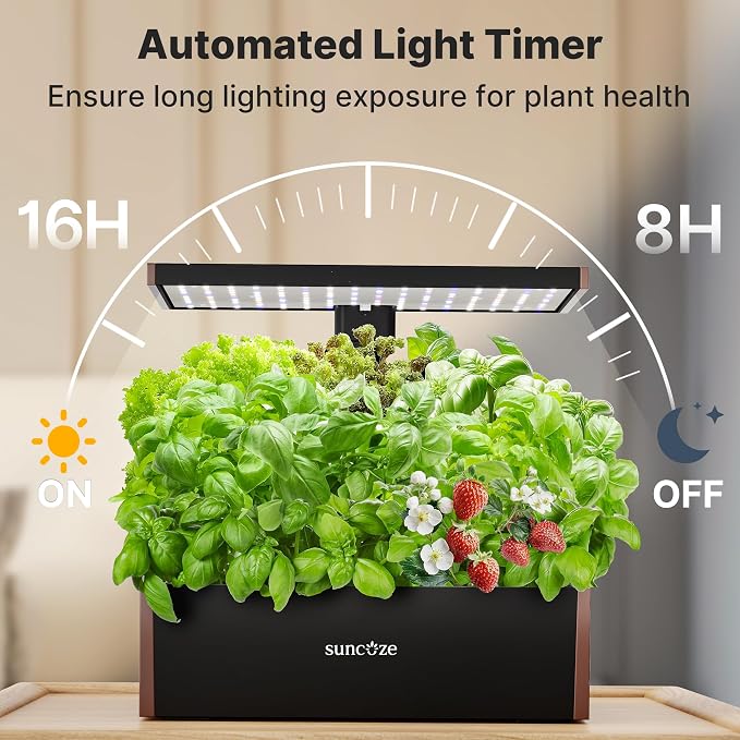 SUNCOZE Smart Hydroponics Growing System, 20 Pods, 25 in Adjustable Height | Indoor Herb Garden with 30W LED Grow Light, 10L Water Tank, Timer & Clock, Plants Germination Kit with Quiet Pump, Black