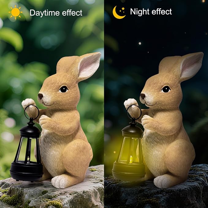 basen Outdoor Bunny Statue with LED Lantern, Battery Powered Resin Rabbit Garden Decor, Weather Resistant Lawn Yard Patio Ornament for Outdoor Indoor Spring Easter Home Decoration