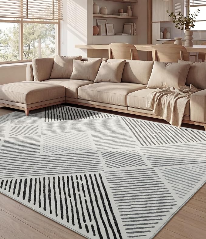 6‘x9' Washable Black and White Rug, Modern Area Rug for Living Room | Non-Slip, Low Pile, Stain Resistant, Black Geometric Stripe Rug for Bedroom Dining Room