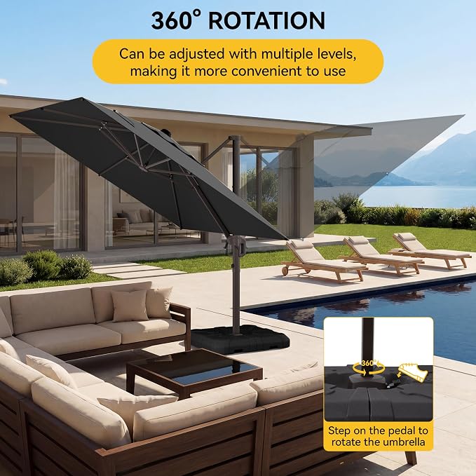 10x10FT Cantilever Outdoor Umbrella with Base, 360° Rotating Large Offset Square Patio Umbrella, Ideal for Garden Backyard Deck Courtyard, Black