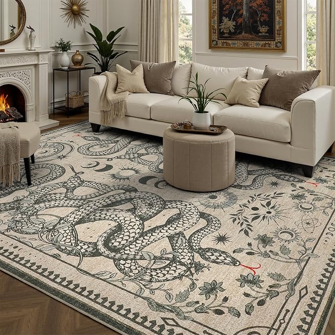 DCX 6x9 Washable Snake Rug for Living Room, Non Slip Low Pile Rug, Beige | Rugs for living rooms, bedroom, dining room, office, soft, gothic rug, sain resistant indoor carpet, home decor