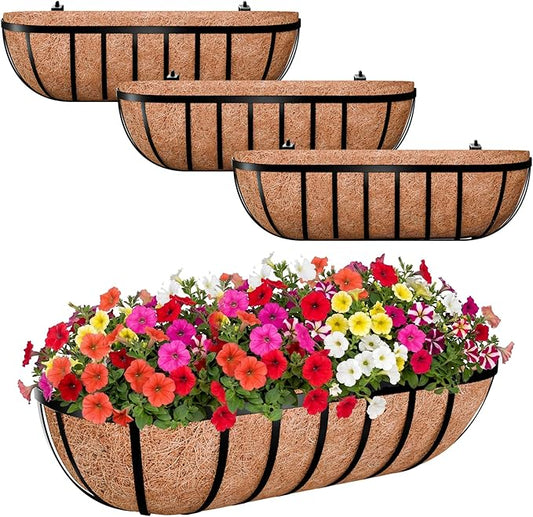 ZeeDix 4 Pack 24 Inch Railing Planter Box, Metal Window Boxes with Coco Liners for Railing, Hanging Flower Boxes for Deck Porch Balcony & Fence Outdoor Indoor Lawn