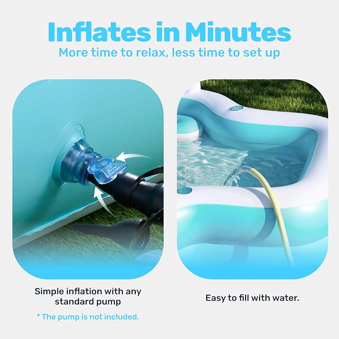 SLOOSH Inflatable Pool for Family with Seats, 120" x 101" x 26" Full-Sized Blow Up Durable Thickened Above Ground Pool with Backrest Cup Holders,Swimming Pools for Backyard Summer Water Lawn, Cyan