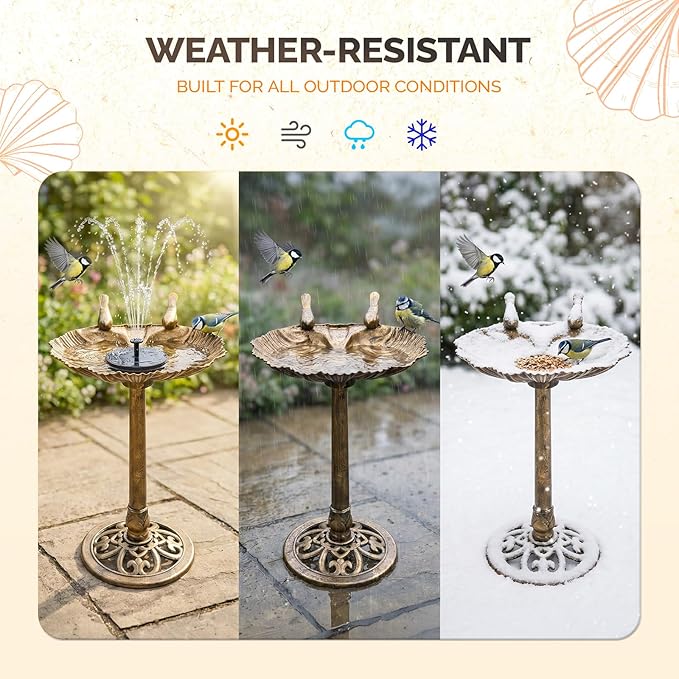 VINGLI Pedestal Bird Bath with Solar Fountain, Solar Pump Resin Birdbaths, Weather Resistant Bird Baths with Ground Stakes, Vintage Finish Garden Decor for Outdoor, Patio, Yard, Lawn (Copper Shell)