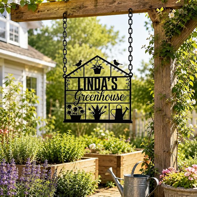 Personalized Greenhouse Garden Sign, Custom Metal Garden Name Plaque with Rustic Finish, Outdoor Yard Art for Plant Lovers, Unique Mothers Day & Gardener Gift for Patio Decor