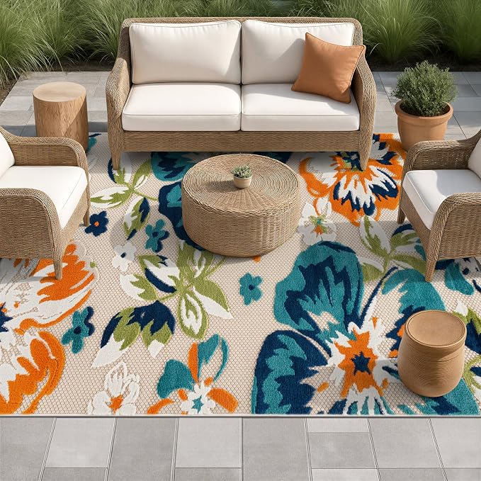 Rugshop Multi Bergamo Floral Indoor/Outdoor Area Rug Machine Washable for Patio, Deck Backyard and Living Room, 5' x 7'
