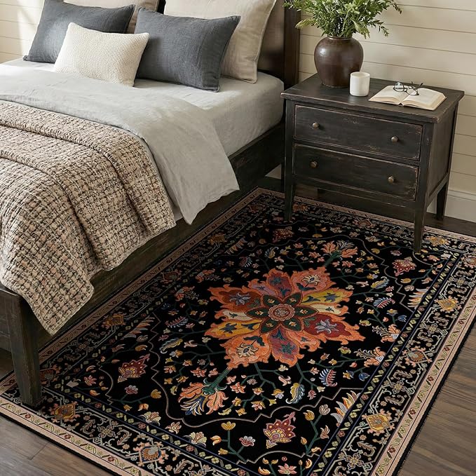 RELEANY Washable Area Rug, 4'x6', Black/Colorful | Non-Slip, Water Repellent, Pet Friendly, Easy to Clean, Vintage Floral Boho Decor for Living Room Bedroom Kitchen Office