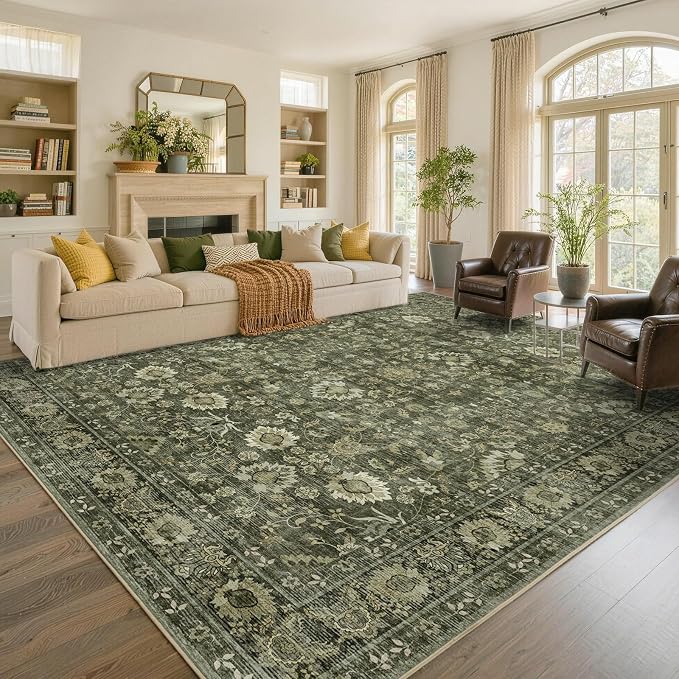8x10 Ft Large Area Rugs for Living Room, Soft Non-Slip Machine Washable Rug, Vintage Stain Resistant Carpets for Bedroom Nursery Dining Room Home Decor (Green)