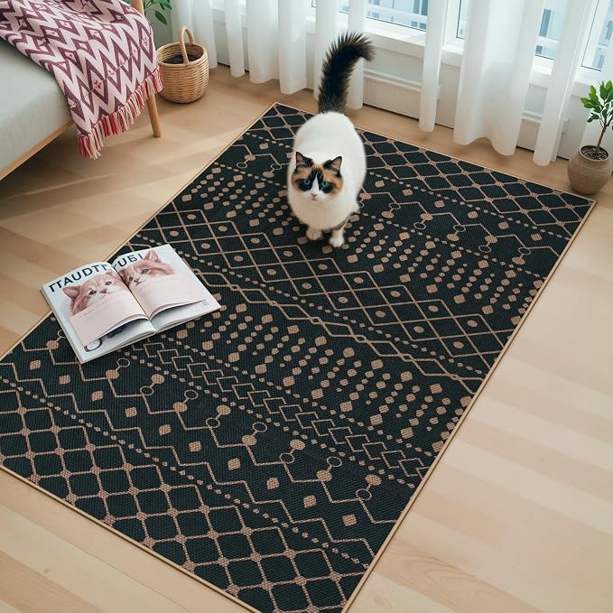 Lahome Moroccan Easy Jute 3x5 Outdoro Rug, Black and White Entryway Rug | Modern Geometric Non Slip Washable Indoor Outdoor Carpet for Porch Kitchen Patio
