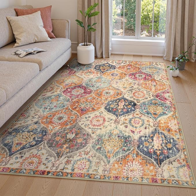 Lahome Moroccan Machine Washable Rugs for Living Room, 4x6 Rug for Bedroom Non-Slip Vintage Trellis Ultra-Thin Throw Carpet for Dining Room Office Nursery Elise, Cream/Multi