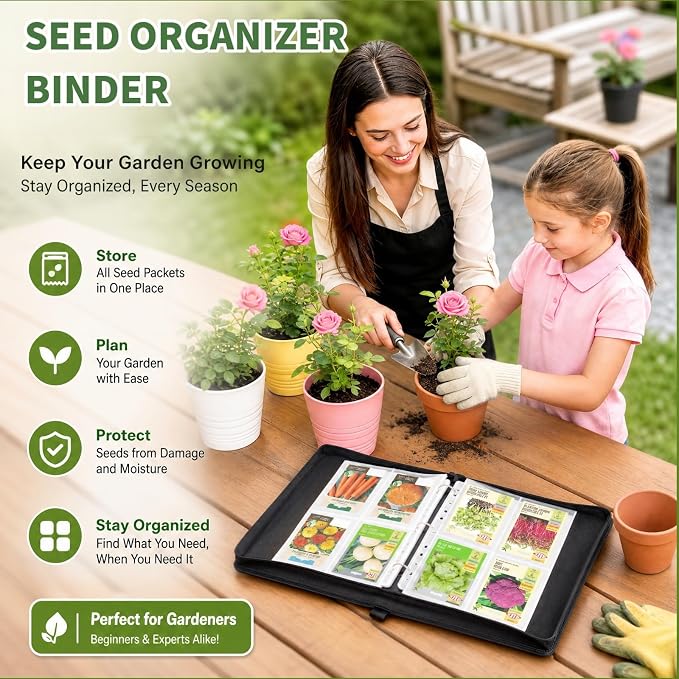 Zippered Seed Storage Organizer Binder with Handle, Waterproof & Insect-Proof Gardening Seed Book, 4 * 6 Inch Pocket Fits Most Seed Packets and Hold 120+ Seed Envelope