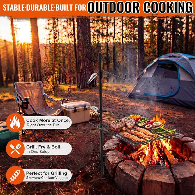 22" x 15" Fire Pit Campfire Grill Grate Campfire Grill Portable Open Fire Cooking Heavy-duty Swing Camping Cooking Barbecue Rack Easy Setup & Adjustable Height for Outdoor BBQ