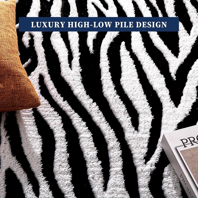 5×7 Ft Area Rugs, Black and White Modern Abstract Rug, Washable Plush Soft Zebra Print Carpet, Non-Slip Non-Shedding Rug for Living Room, Bedroom, Playroom, Home Office Decor
