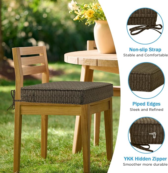 18.5 x 16 Inch Sunbrella Outdoor Chair Cushions with Tie Straps, Set of 4 Thick Water Repellent Rectangle Patio Chair Pads for Garden Lawn Patio Furniture, Dash Walnut