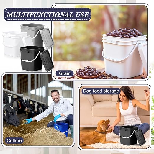 Mumufy 3 Pcs 3.5 Gallon Square Food Grade Bucket with Lid Square Bucket Pail Plastic Handles for Long Term Food Storage, Camping, Fishing, Home Organization Easy Stack and Store (Black,Gray,White)