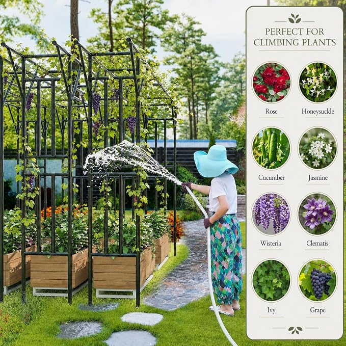 Flat Top Garden Arch Trellis Pergola, 11.8 x 9.02 FT Large Metal Arbor for Climbing Plants, Plastic-Coated Galvanized Steel Frame, Outdoor Decorative Arch for Garden, Backyard, Lawn (Black)