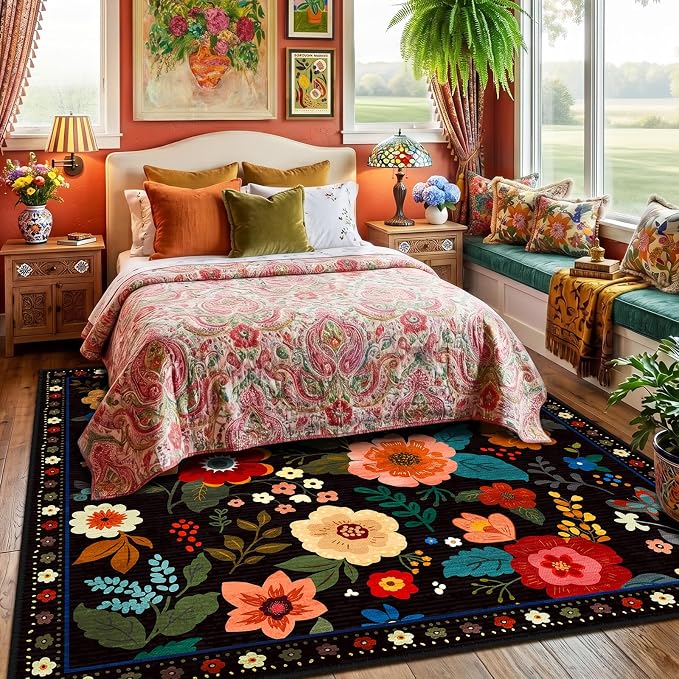 RELEANY Floral Washable Square 6ft Area Rug Black | Flower Carpet, Print, Boho, Non-Slip, Easy to Clean, Soft, Low Pile for Living Room Bedroom Kitchen Office Entryway Hallway