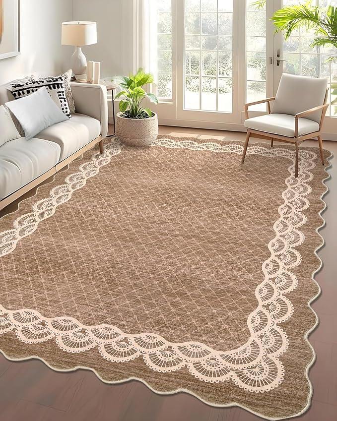 Garvee Scalloped Washable Rug 9x12 Rugs for Living Room Large Rug Camel | Soft Non Slip Rugs for Bedroom, Low Pile Neutral Rug, Stain Resistant Foldable Carpet for Playroom Dorm, Farmhouse Rugs