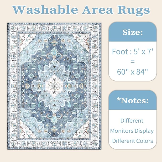SERISSA 5x7 Washable Non Slip Boho Area Rug for Living Room | Ultra Soft Vintage Oriental Carpet Low-Pile Distressed Vintage Blue Throw Carpet for Bedroom Dining Room Dorm Office Home