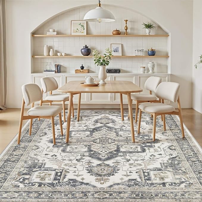 Vintage Washable 6x9 Area Rug for Living Room, Heathered Grey | Soft Low Pile Rug with Non-Slip Backing, Stain Resistant for Bedroom or Dining Room, Kid & Pet Friendly