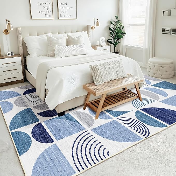 Washable Rugs 9x12,Blue Large Area Rugs Non Slip Modern Abstract | Throw Carpet for Living Room Bedroom Dining Room Boho Soft Low Pile Floor Indoor Bohemian Navy Blue