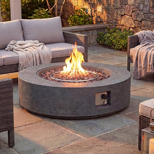 COSIEST 42 inch Outdoor Propane Fire Pit Coffee Table w Concrete Round Base Patio Heater, 50,000 BTU Stainless Steel Burner, Free Lava Rocks, Rain Cover, Gray
