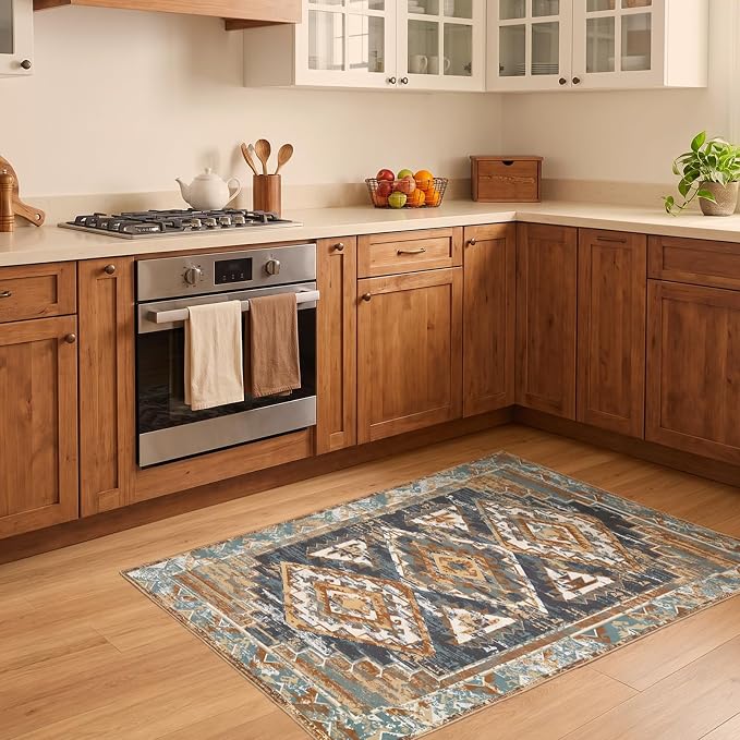 Washable 3x5 Area Rug for Bedroom, Rustic Farmhouse Low-Pile Non-Slip Carpet, Stain Resistant Vintage Southwestern Small Rug for Kitchen Entryway Office, Blue Rust Ivory