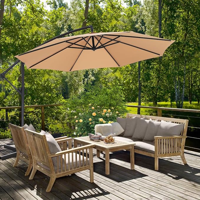 ABCCANOPY 10FT Cantilever Patio Umbrella with base included, 360° Rotation Outdoor Offset Umbrella for Backyard, Deck, Poolside (Khaki)