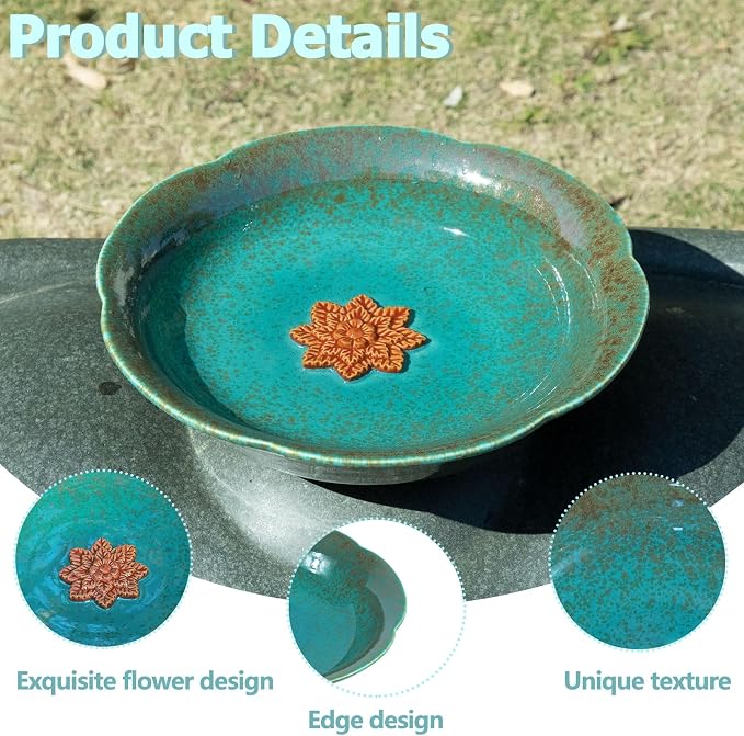 10" W Ceramic Bird Bath for Outdoors,Bird Bath & Feeder with Flower Decor.