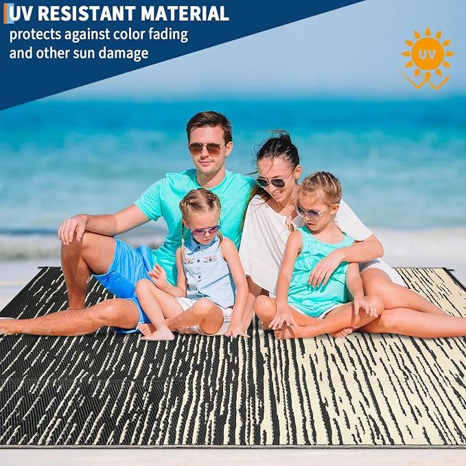 Garvee 5x8 RV Outdoor Rug Waterproof, Modern Striped Outdoor Plastic Straw Rug, Reversible UV Resistant Abstract Outside Rugs for Picnic Backyard Deck Balcony Porch Beach, Black Coffee