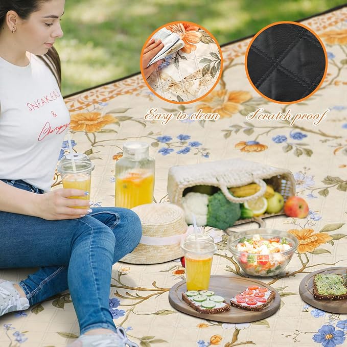 Newwiee 80 x 80 Inch Brown Floral Picnic Blanket Extra Large Outdoor Chinoiserie Picnic Mat with Carry Strap Waterproof Sandproof Blanket Foldable Portable for Beach Camping Grass Lawn Park
