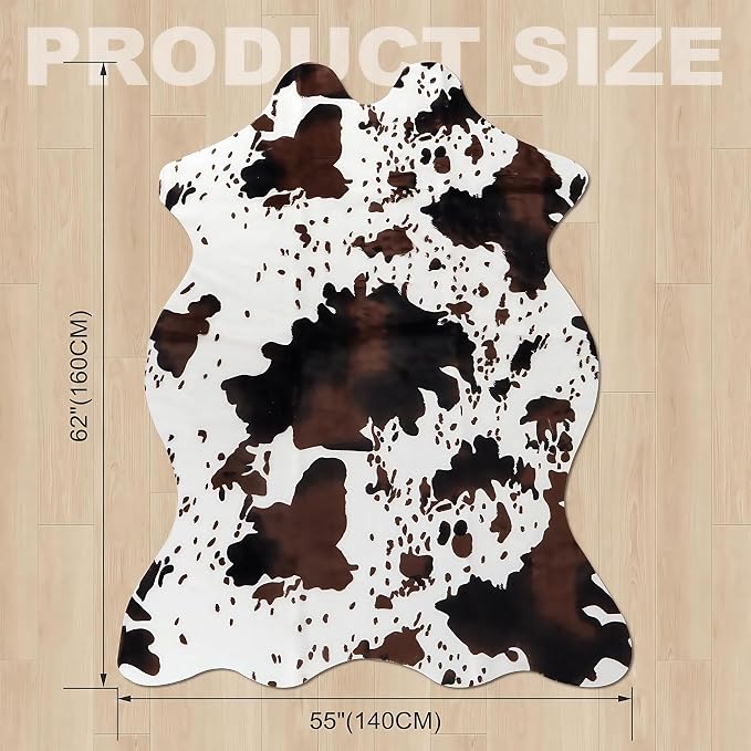 Sgizoku Cow Print Rug,4.6x5.2 Feet Faux Cowhide Rug Cute Area Rug Fun Western Room Decor Cow Rugs for Living Room Bedroom Non-Slip, Brown(62 inches x 55 inches)