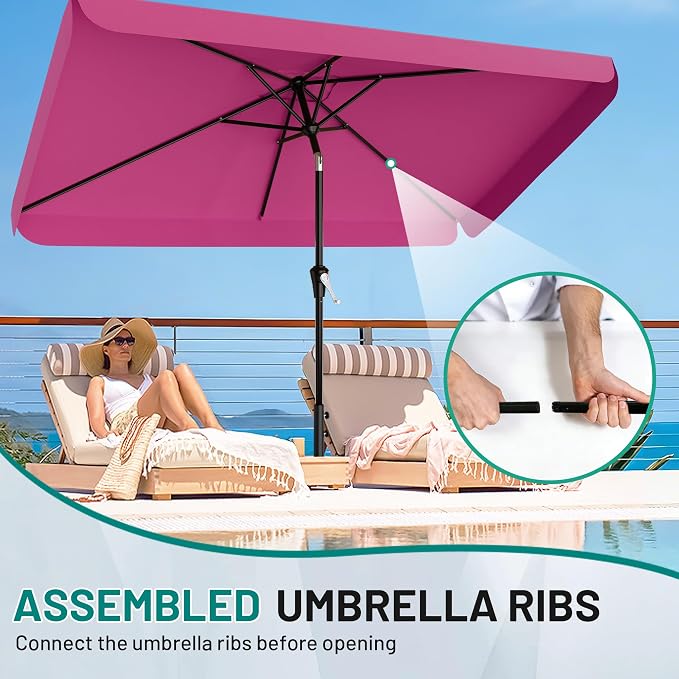 AreShark 6.5 x 10 FT Rectangular Valance Patio Umbrella, Outdoor Umbrella with Tilt and Crank, Market Table Umbrellas W/ 6 Ribs UV Protection for Garden, Deck, Backyard and Pool, Rose Pink