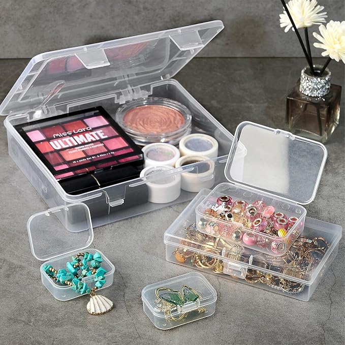 7 Pack Mixed Sizes Rectangular Mini Plastic Containers Clear Plastic Storage Boxes with Hinged Lids Empty Beads Organizers for Small Items Art Craft Jewelry Projects