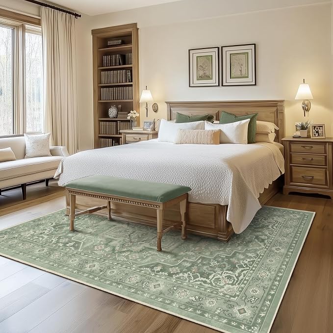 Sage Green 5x7 Area Rugs for Living Room, Cozy Cottagecore Rug for Bedroom Nursery Washable Non Slip, Soft Green Medallion Low Pile Thin Carpet Rugs for Dining Room/Kitchen/Foyer, Soft Green