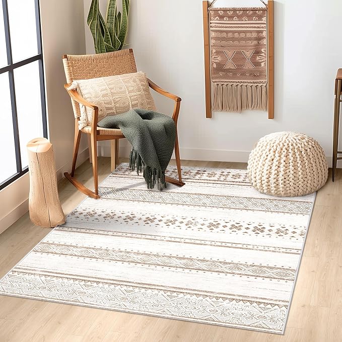 3x5 Washable Area Rugs for Living Room Boho Bathroom Rug Cream/Brown/Pink | Vacuum Friendly, Machine Washable, Non-Slip Rug, Stain Resistant, Moroccan Geometric, Low Pile Carpet, Entryway Kitchen