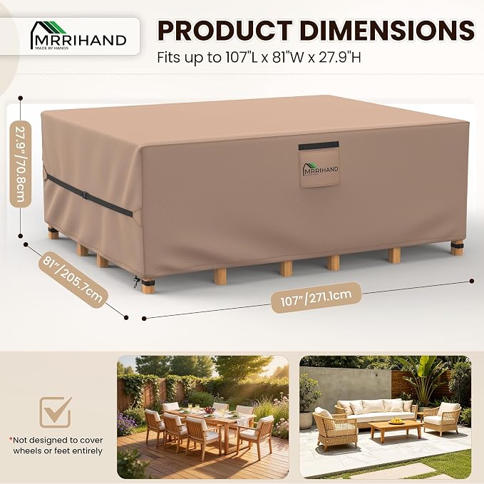 Mrrihand Upgrade 600D Heavy Duty Patio Furniture Covers Waterproof, Patio Furniture Outdoor Sectional Sofa Couch Set, Patio Table and Chair Set Cover 107" L×81" W×27.9" H, Brown