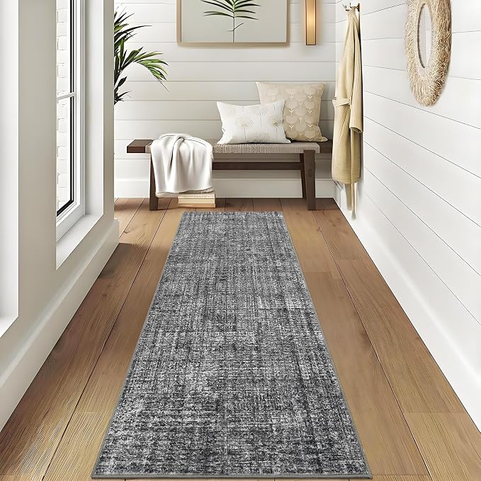 Garvee Solid Runner Rug 2x6 Washable Runners for Hallways Grey | Non Slip Kitchen Rugs, Modern Faux Wool Entryway Bathroom Rug Runners, Modern Abstract Rugs for Laundry Room Kitchen Bedroom